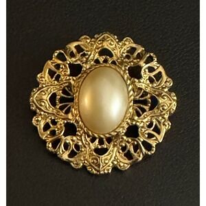 1928 Gold Tone Filigree Brooch Faux Pearl Cabochon Round Victorian Style Pin